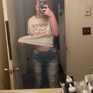 Distressed/ripped jeans, light wash, very high rise (price negotiable!)